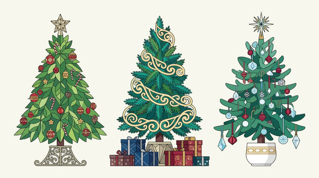 Set von drei stilisierten Weihnachtsb&auml;umen mit festlichem Schmuck, goldenen Girlanden und bunten Geschenken unter den B&auml;umen auf einem hellen Hintergrund f&uuml;r weihnachtliche Designs
