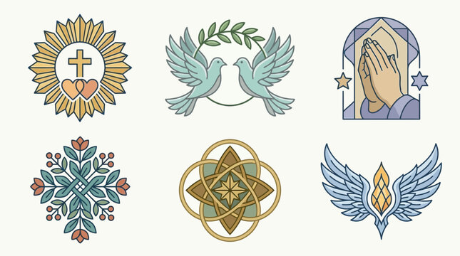Conjunto de iconos religiosos y espirituales con s&iacute;mbolos cristianos como palomas, manos en oraci&oacute;n, cruces y elementos florales en un estilo de dise&ntilde;o lineal y elegante