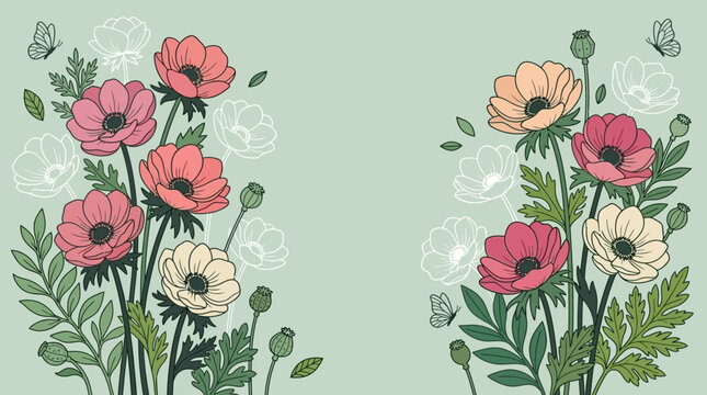 Ilustra&ccedil;&atilde;o vetorial elegante com arranjos de flores de an&ecirc;mona em tons past&eacute;is e borboletas delicadas sobre um fundo verde suave, ideal para convites e design gr&aacute;fico.