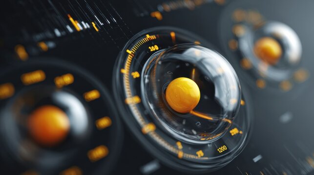 Three glowing orange spheres are centered in three circular gauge displays with yellow markers on a dark background, representing data or speed