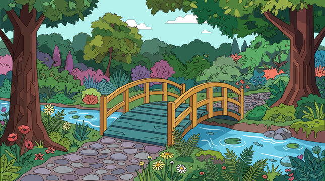 Ilustra&ccedil;&atilde;o vetorial de uma ponte de madeira charmosa sobre um riacho sereno em um jardim bot&acirc;nico exuberante com &aacute;rvores frondosas, flores coloridas e um caminho de pedras ao ar livre.