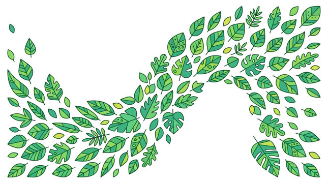 Ilustra&ccedil;&atilde;o vetorial de uma onda din&acirc;mica composta por diversas folhas verdes desenhadas em estilo doodle sobre um fundo branco isolado, ideal para design org&acirc;nico e ecol&oacute;gico.