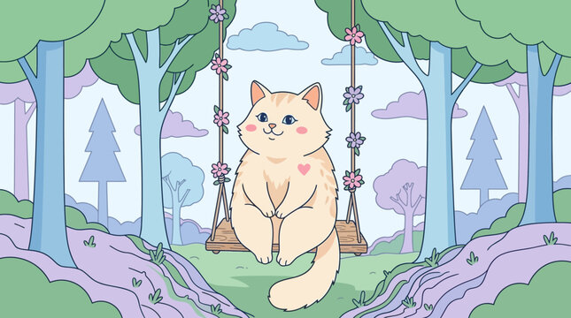 Una encantadora ilustraci&oacute;n vectorial de un gato gordito y tierno sentado en un columpio de madera dentro de un bosque m&aacute;gico con flores y colores pastel suaves, estilo kawaii.