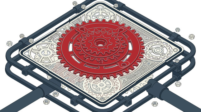 Ilustraci&oacute;n isom&eacute;trica de un engranaje rojo central sobre una placa decorativa con patrones mec&aacute;nicos y tuber&iacute;as industriales oscuras en un fondo blanco limpio.
