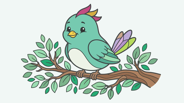 Ilustra&ccedil;&atilde;o vetorial de um passarinho fofo e colorido pousado em um galho de &aacute;rvore com folhas verdes, desenhado em estilo cartoon amig&aacute;vel para projetos infantis e educativos.