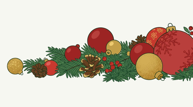 Illustrazione decorativa di Natale con rami di pino, pigne, bacche rosse e palline colorate su sfondo bianco, ideale per biglietti di auguri e design festivo stagionale.