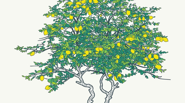 Ilustra&ccedil;&atilde;o vetorial estilizada de um limoeiro carregado com lim&otilde;es amarelos maduros e folhagem verde vibrante, isolado sobre um fundo de cor clara para design gr&aacute;fico.