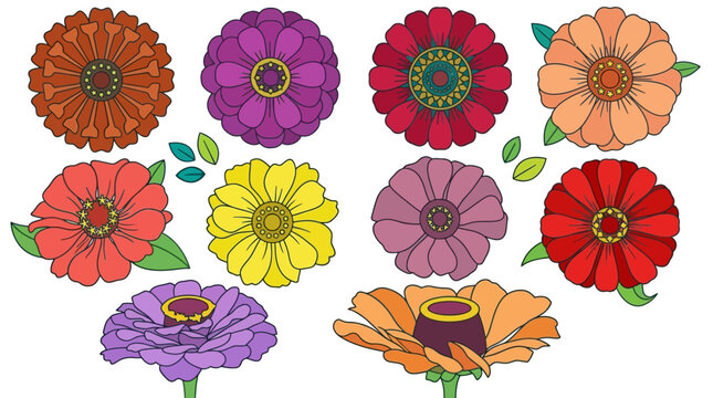 Conjunto de ilustraciones vectoriales de flores de zinnia coloridas y vibrantes, presentadas en diversas perspectivas y tonos brillantes sobre un fondo blanco limpio para dise&ntilde;o gr&aacute;fico.