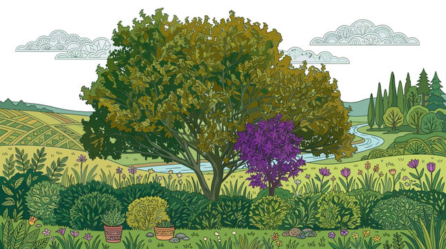 Eine malerische, handgezeichnete Illustration einer friedlichen Gartenlandschaft mit einem gro&szlig;en gr&uuml;nen Baum, einem violetten Strauch, bl&uuml;henden Blumen und einem gewundenen Fluss im Hintergrund.
