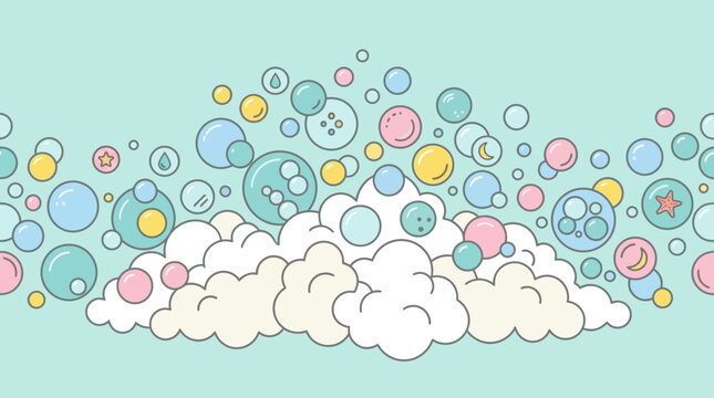 Padr&atilde;o sem emenda de nuvens fofas e bolhas coloridas flutuantes em tons past&eacute;is suaves, ideal para design infantil, papel de parede decorativo ou fundos criativos e l&uacute;dicos.