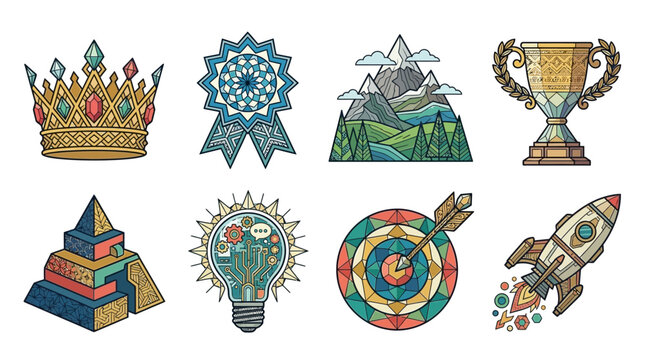 Set von acht detaillierten Vektor-Symbolen mit Krone, Auszeichnung, Berglandschaft, Pokal, Pyramide, Gl&uuml;hbirne, Zielscheibe mit Pfeil und startender Rakete im flachen Design.