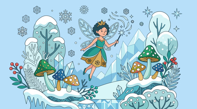 Ilustra&ccedil;&atilde;o vetorial de uma fada m&aacute;gica voando em uma floresta de inverno encantada com cogumelos, cristais, flocos de neve e elementos naturais em tons de azul e verde.