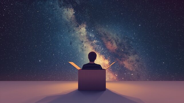AI Generative. Man silhouette sitting inside a cardboard box looking at the starry night sky and milky way galaxy, think outside the box concept. 4