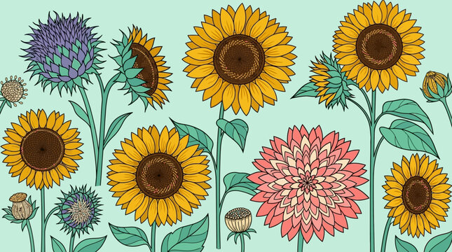 Eine dekorative Illustration mit einer Ansammlung von gelben Sonnenblumen, einer rosa Dahlie und violetten Disteln auf einem hellgr&uuml;nen Hintergrund im flachen Grafikstil.