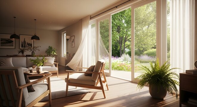 Sunlit modern living room with chair, table, sofa, plant, and large windows