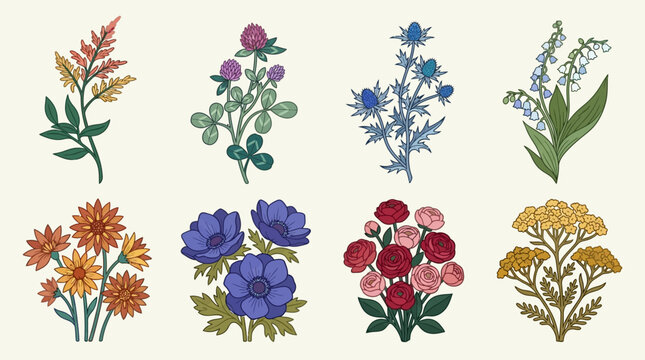 Una collezione di otto illustrazioni botaniche dettagliate raffiguranti diversi tipi di fiori e piante, tra cui anemoni, cardi, mughetti e trifogli, perfette come elementi di design.