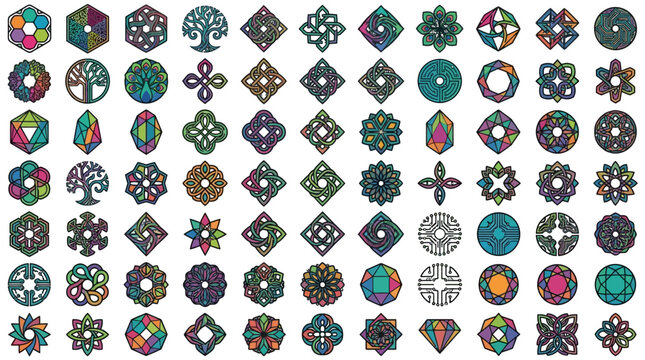 Eine umfangreiche Sammlung von achtzig verschiedenen geometrischen Symbolen und abstrakten Ornamenten in einem modernen, farbenfrohen Design auf einem sauberen wei&szlig;en Hintergrund.