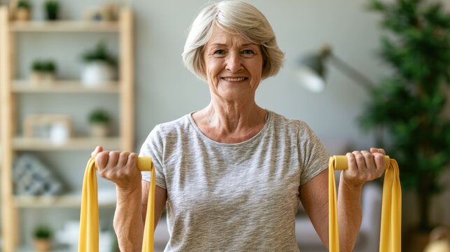 Happy elderly woman exercising with resistance bands in home setting