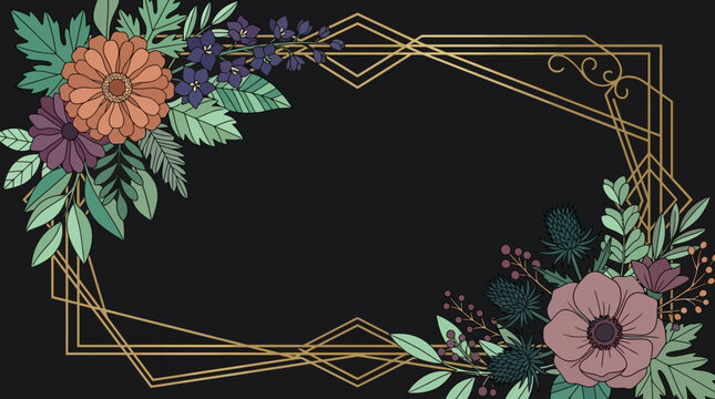 Marco elegante con flores bot&aacute;nicas dibujadas a mano y l&iacute;neas geom&eacute;tricas doradas sobre un fondo oscuro, ideal para invitaciones de boda, tarjetas de felicitaci&oacute;n y dise&ntilde;os de papeler&iacute;a.