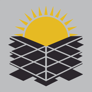 Solar panel array with bright sun illustration.