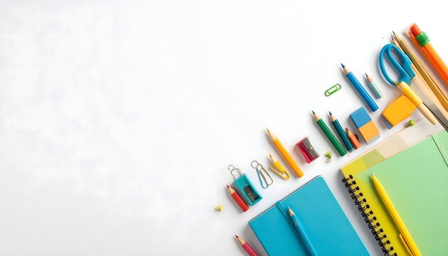 Material escolar colorido con cuadernos, l&aacute;pices y &uacute;tiles sobre fondo claro con espacio para texto