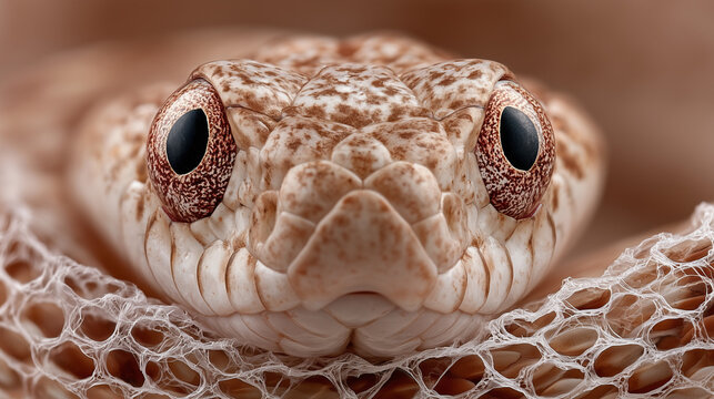 Extreme close up of snake head and large eyes showing intricate scale patterns against shed skin background.
