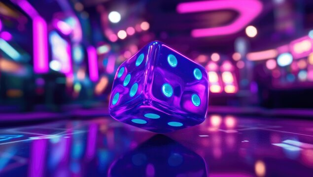 A purple die with blue dots is falling on the table, with a casino background, blue and violet lighting effects, and casino elements in the foreground.