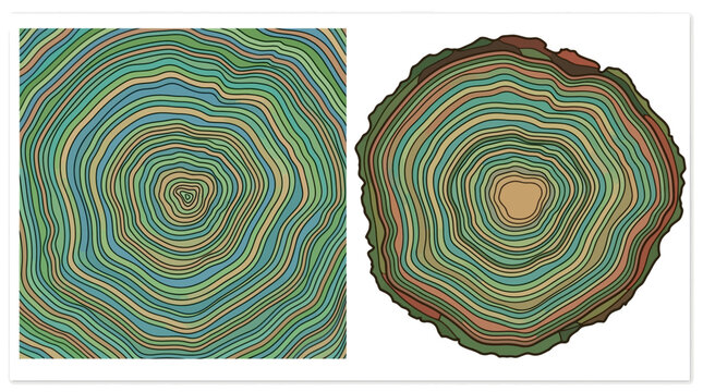 Ilustraci&oacute;n vectorial de anillos de crecimiento de &aacute;rboles con patrones conc&eacute;ntricos coloridos en estilos cuadrado y circular, ideal para fondos naturales y dise&ntilde;os org&aacute;nicos.