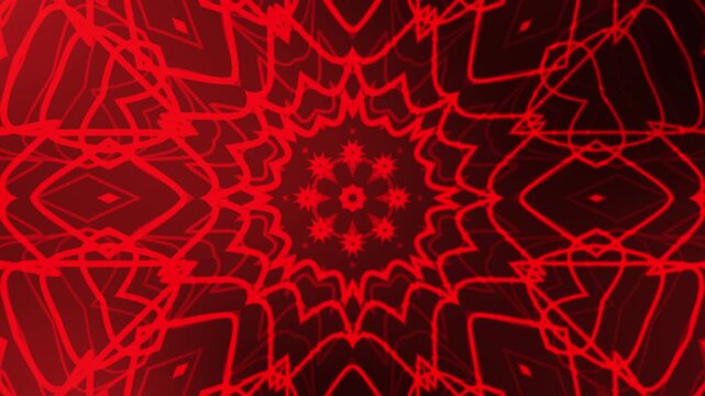 Bright red symmetrical pattern with geometric lines, intricate floral design, suitable for vibrant backgrounds, textiles, packaging, and abstract art projects.