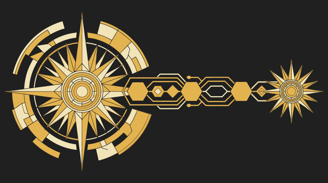 Ein abstraktes, goldenes Kompass-Design im futuristischen Sci-Fi-Stil mit komplexen geometrischen Schaltkreis-Mustern und einer strahlenden Sternform auf einem dunklen Hintergrund.