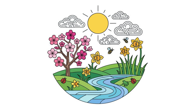 Ilustraci&oacute;n de estilo plano de un paisaje primaveral con un &aacute;rbol floreciente, narcisos, un r&iacute;o serpenteante, insectos y el sol brillando en un cielo nublado.