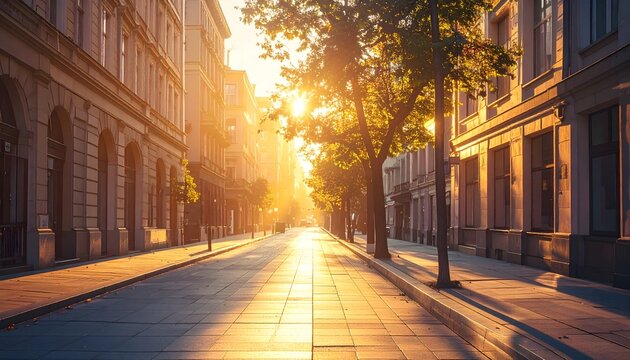 Calle urbana vac&iacute;a al atardecer con luz dorada entre edificios y &aacute;rboles en una ciudad tranquila