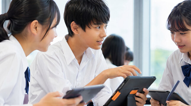 タブレット端末を使って学習する生徒たち（日本人、探究的な学習）　活気ある授業中の教室の中の風景