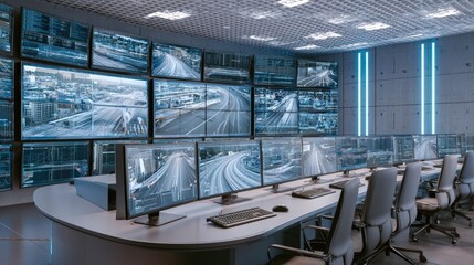 Fototapeta premium Modern Traffic Monitoring Control Room with Multiple Large Digital Screens