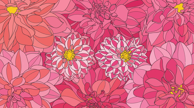 Un patr&oacute;n de flores de dalia estilizadas en tonos rosados y rojos vibrantes, con detalles delicados y un centro amarillo brillante.