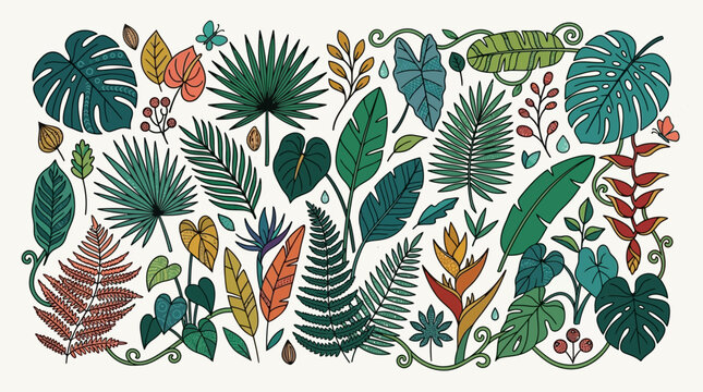 Conjunto de ilustraciones vectoriales de hojas tropicales y plantas ex&oacute;ticas dibujadas a mano con un estilo art&iacute;stico colorido sobre un fondo blanco limpio