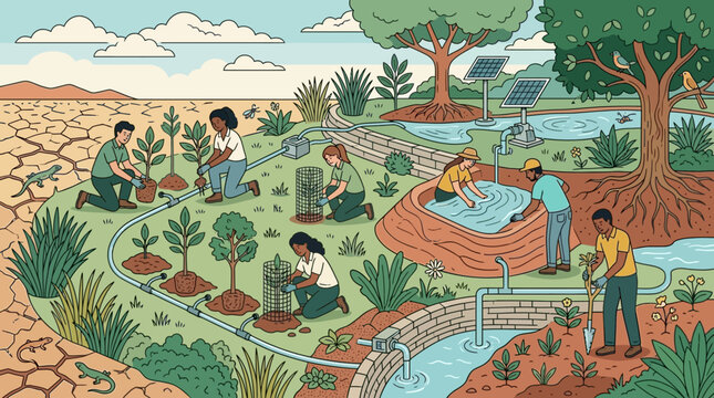 Ilustraci&oacute;n vectorial de un grupo diverso de personas trabajando juntas en un proyecto de restauraci&oacute;n ecol&oacute;gica, plantando &aacute;rboles y gestionando sistemas de riego sostenible en un paisaje &aacute;rido.