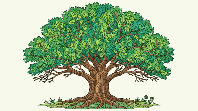 Ilustraci&oacute;n detallada de un roble majestuoso con follaje verde exuberante y ra&iacute;ces visibles, dise&ntilde;ado con un estilo art&iacute;stico cl&aacute;sico sobre un fondo de color crema neutro.