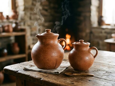 Two ceramic jugs on wooden surface with newspaper.