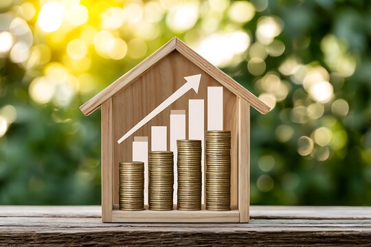 Stacking gold coins with growing interest value put in a wooden home model and bar and arrow graph on bokeh background in the public park, Loan and business investment for real estate concept.