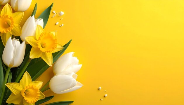 Flores de primavera con narcisos amarillos y tulipanes blancos sobre fondo amarillo con espacio para texto
