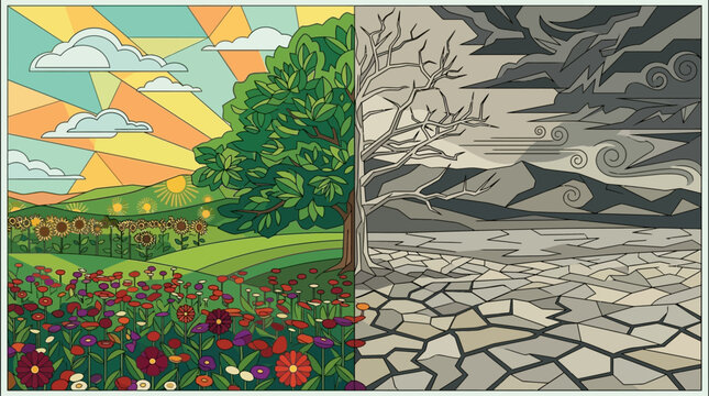 Ilustraci&oacute;n conceptual que contrasta un paisaje natural vibrante y lleno de vida con un entorno &aacute;rido y seco afectado por el cambio clim&aacute;tico y la sequ&iacute;a extrema en un estilo art&iacute;stico geom&eacute;trico.