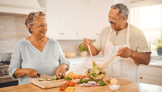 Pareja mayor preparando verduras frescas en una cocina luminosa con ambiente saludable y familiar
