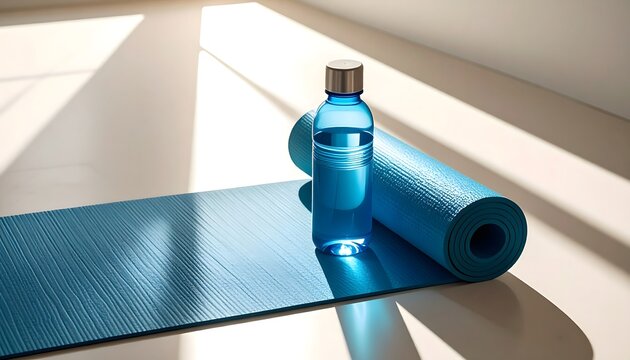 Esterilla de yoga azul con botella de agua y alfombrilla enrollada en interior luminoso para ejercicio y bienestar
