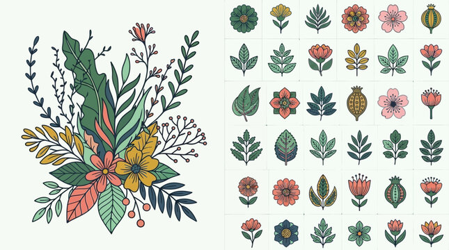 Ein dekoratives Set aus handgezeichneten Blumen und Bl&auml;ttern im skandinavischen Stil mit einem floralen Bouquet und einer Sammlung einzelner botanischer Symbole auf hellem Hintergrund.