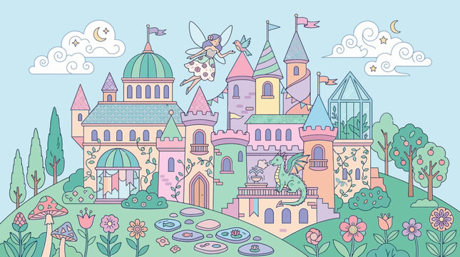 Illustrazione vettoriale di un castello fiabesco con una fata che vola e un piccolo drago in un giardino incantato pieno di fiori colorati, alberi e nuvole in stile pastello.