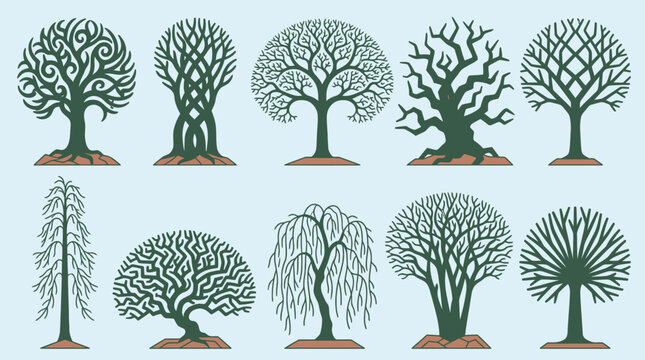 Eine Sammlung von zehn verschiedenen stilisierten Baum-Silhouetten mit detaillierten &Auml;sten und Wurzeln, dargestellt als grafische Vektorillustration auf einem hellblauen Hintergrund.