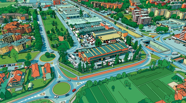 Vista a&eacute;rea ilustrada de una zona industrial urbana con edificios de almacenes, rotondas, carreteras y &aacute;reas verdes en un estilo de dibujo animado detallado y colorido.