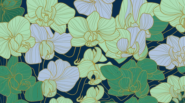 Ein elegantes nahtloses Muster mit stilisierten Orchideenbl&uuml;ten in sanften Gr&uuml;n- und Blaut&ouml;nen, akzentuiert durch feine goldene Linien auf einem tiefdunklen marineblauen Hintergrund.
