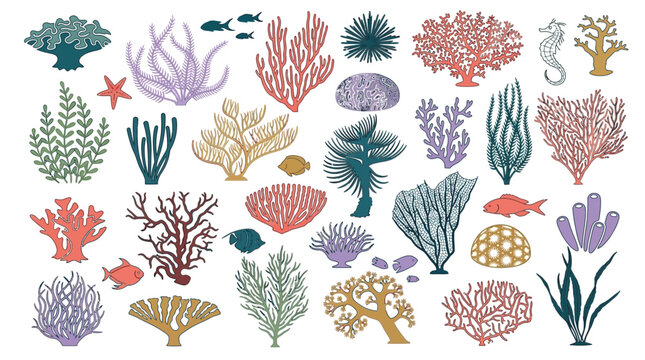 Set di illustrazioni vettoriali piatte raffiguranti vari tipi di coralli colorati, alghe marine, pesci tropicali e creature dell'oceano isolate su uno sfondo bianco pulito